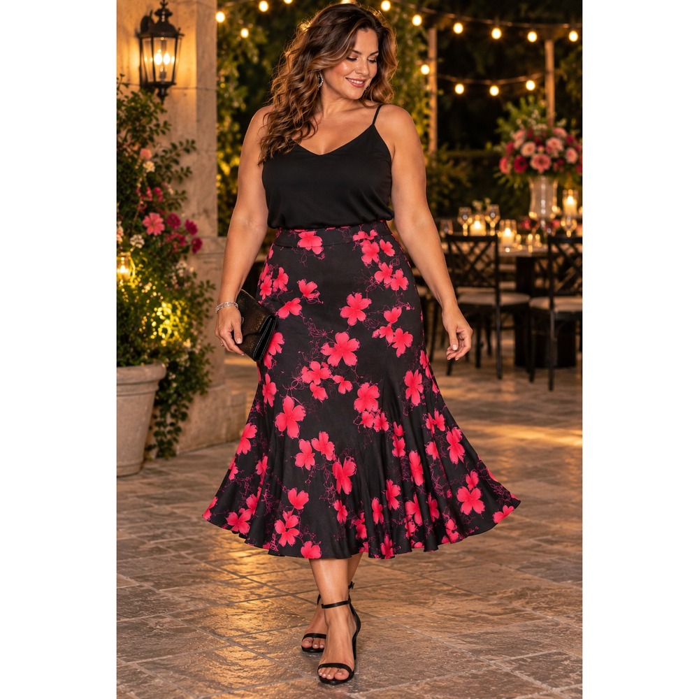 VTG Venezia Lane Bryant Sz 22/24 Dark Floral Midi Skirt Flared Hem Y2K 90s